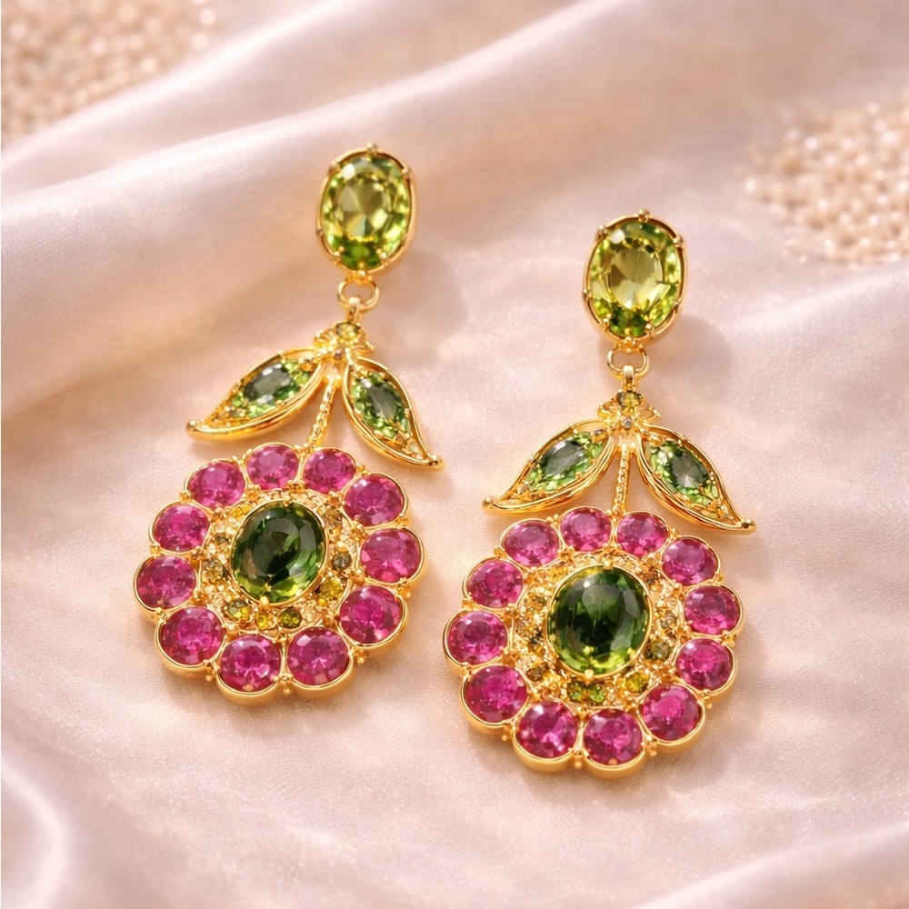 Vintage Pink Floral Gold Earrings